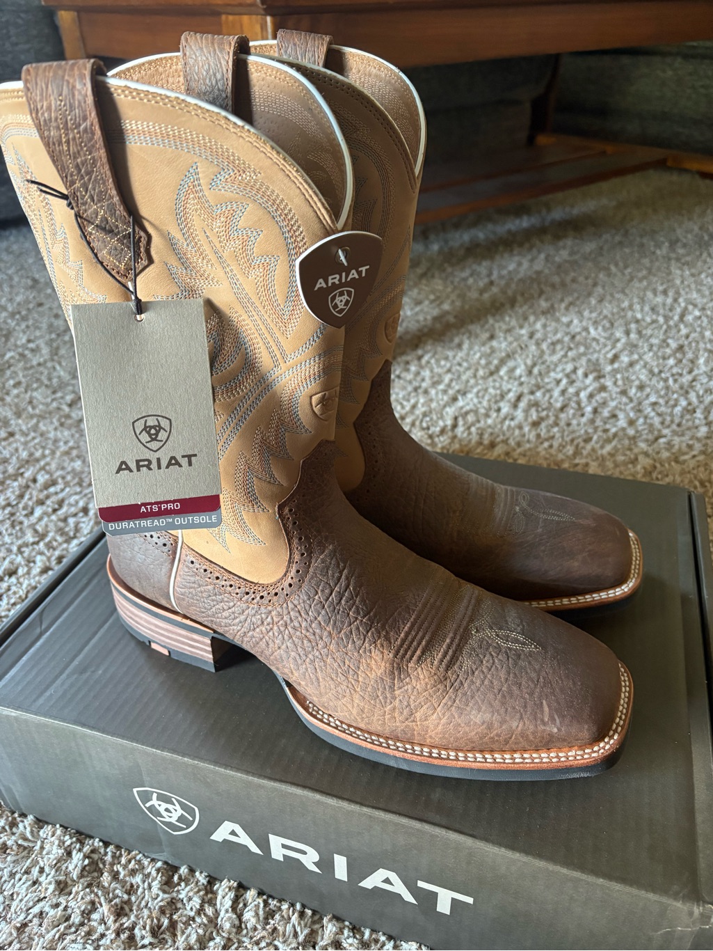 Ariat Brown And Tan Western Cowboy Boots - Men’s Embroidered Shaft Nwt/Nib